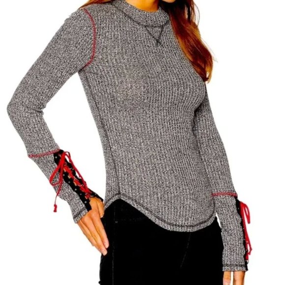 Free People Lace-Up-Sleeve Thermal Sweater Mountaineer Cuff Top Women's Size XS - Picture 6 of 9